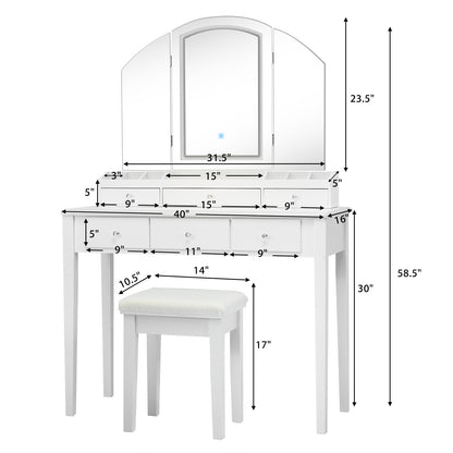 Tri-Fold Lighted Makeup Vanity Table with Stool Set