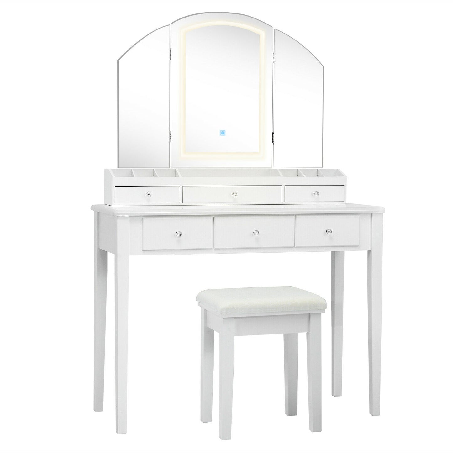 Tri-Fold Lighted Makeup Vanity Table with Stool Set