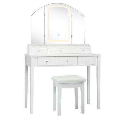 Tri-Fold Lighted Makeup Vanity Table with Stool Set