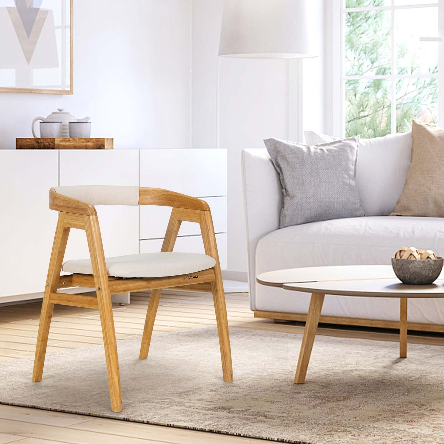 Bamboo Dining Chair with Curved Back and Cushioned Seat