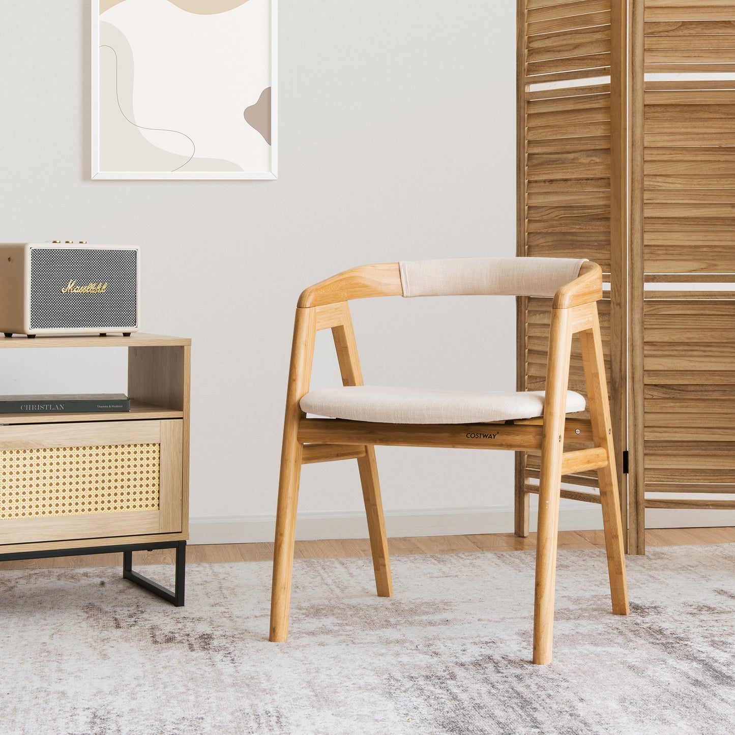 Bamboo Dining Chair with Curved Back and Cushioned Seat