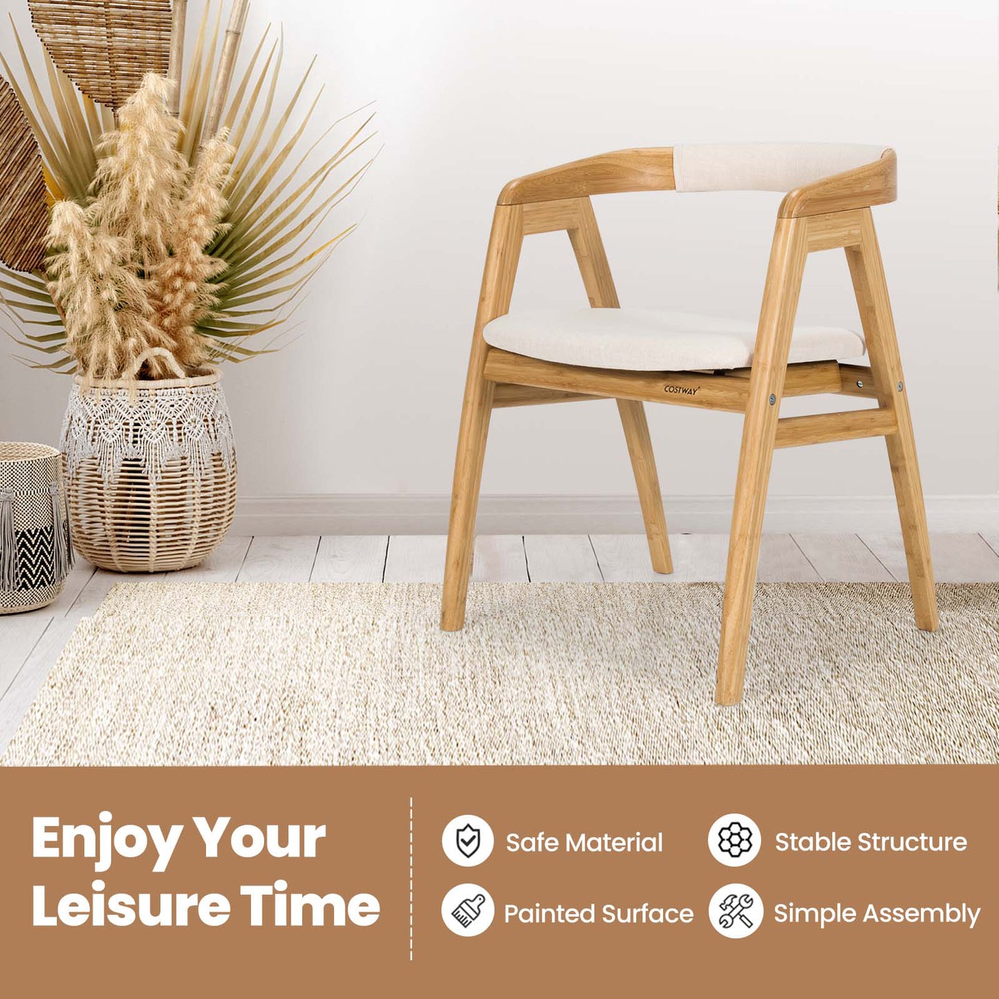 Bamboo Dining Chair with Curved Back and Cushioned Seat