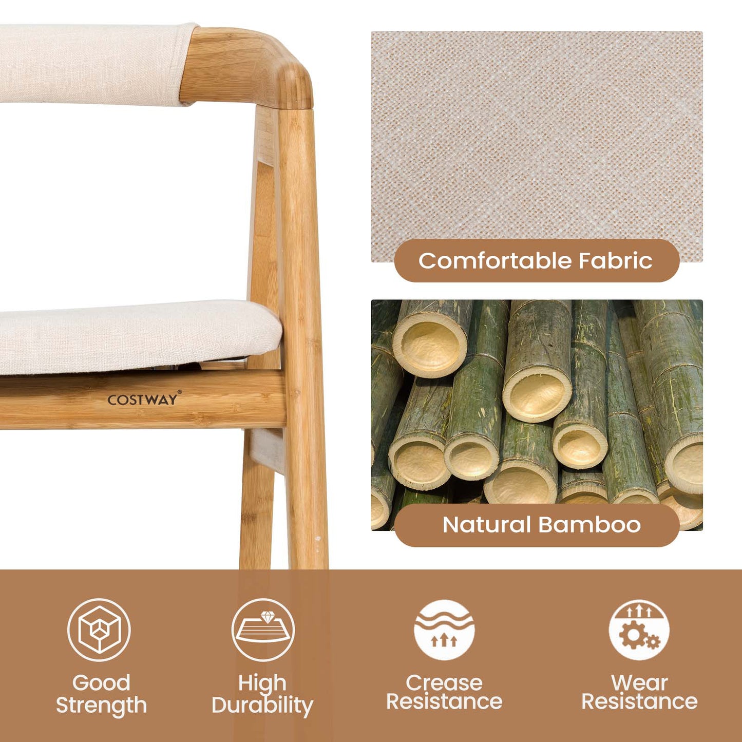 Bamboo Dining Chair with Curved Back and Cushioned Seat
