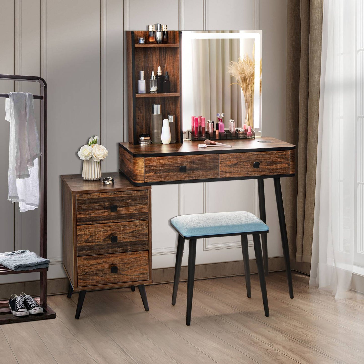 Lighted Vanity Makeup Table Set with Stool and Drawers