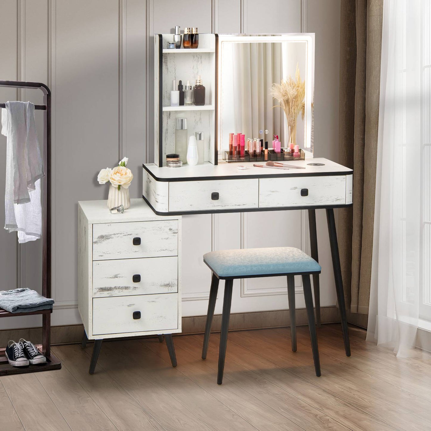 Lighted Vanity Makeup Table Set with Stool and Drawers