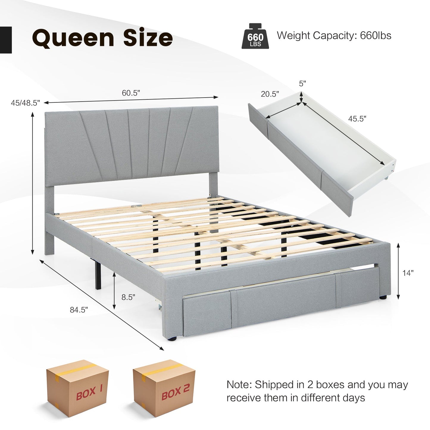 Full/Queen Size Upholstered Bed Frame with Drawer and Adjustable Headboard