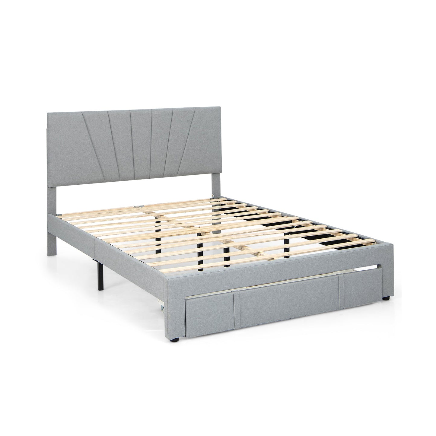 Full/Queen Size Upholstered Bed Frame with Drawer and Adjustable Headboard