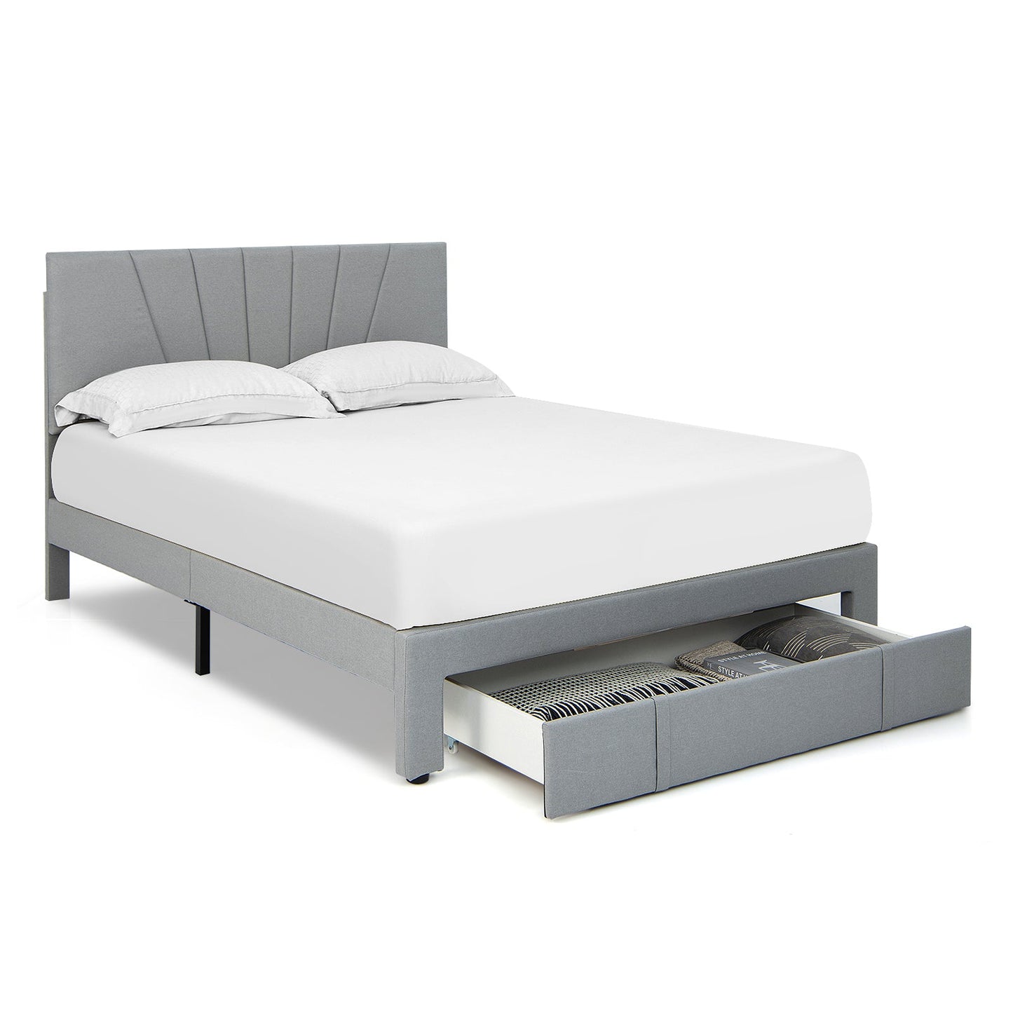 Full/Queen Size Upholstered Bed Frame with Drawer and Adjustable Headboard