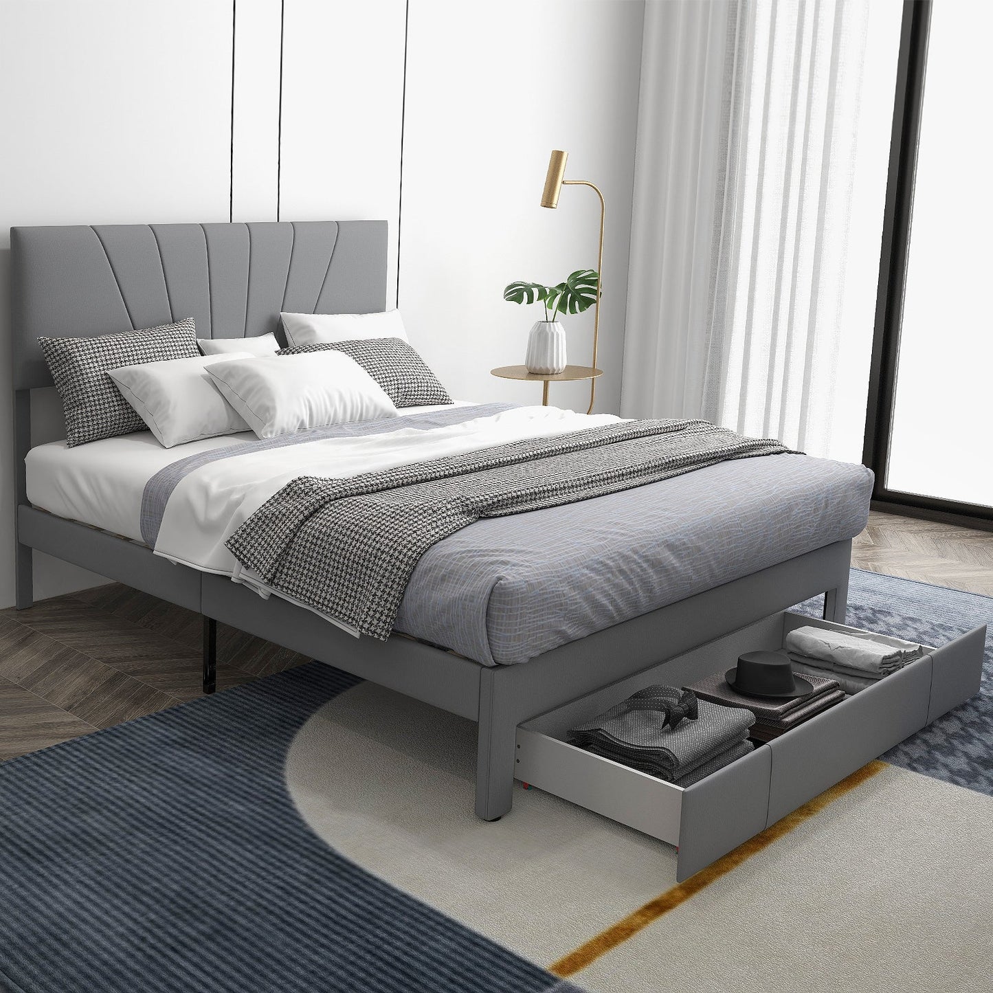 Full/Queen Size Upholstered Bed Frame with Drawer and Adjustable Headboard