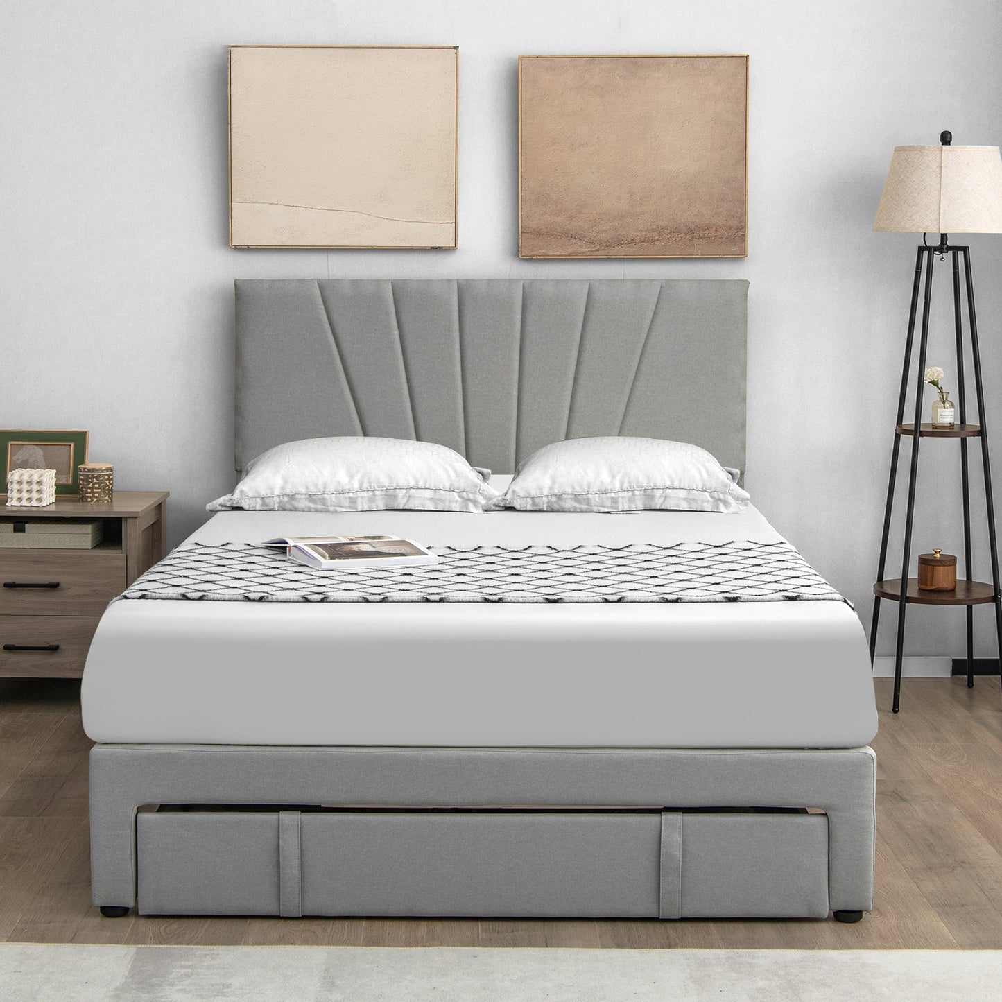 Full/Queen Size Upholstered Bed Frame with Drawer and Adjustable Headboard