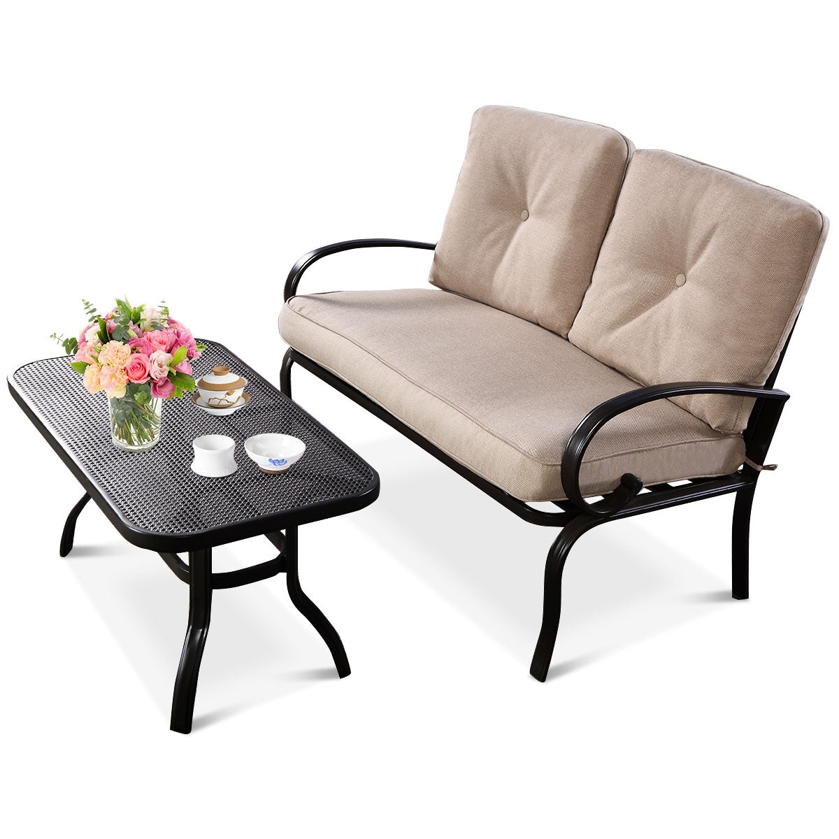 2 Pieces Patio Outdoor Cushioned Coffee Table Seat