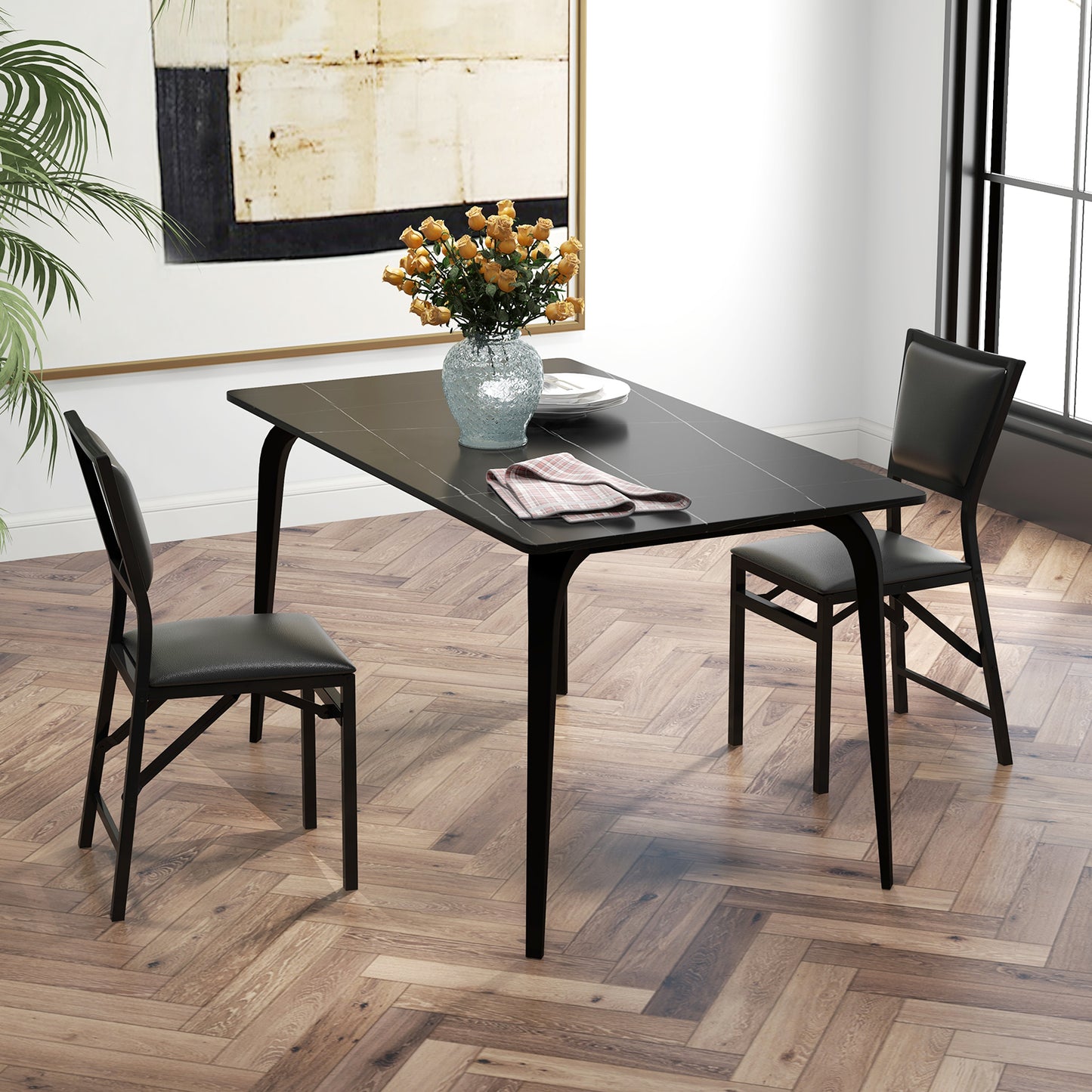 Metal Folding Dining Chairs Set of 2 with PU Leather Seats