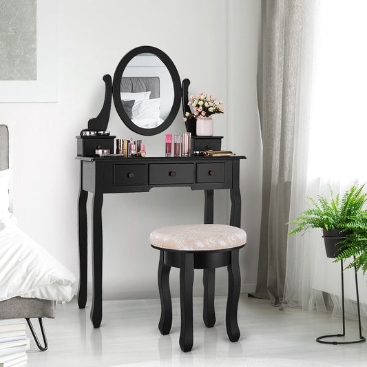 Makeup Vanity Table Set with Mirror, Stool & 5 Drawers