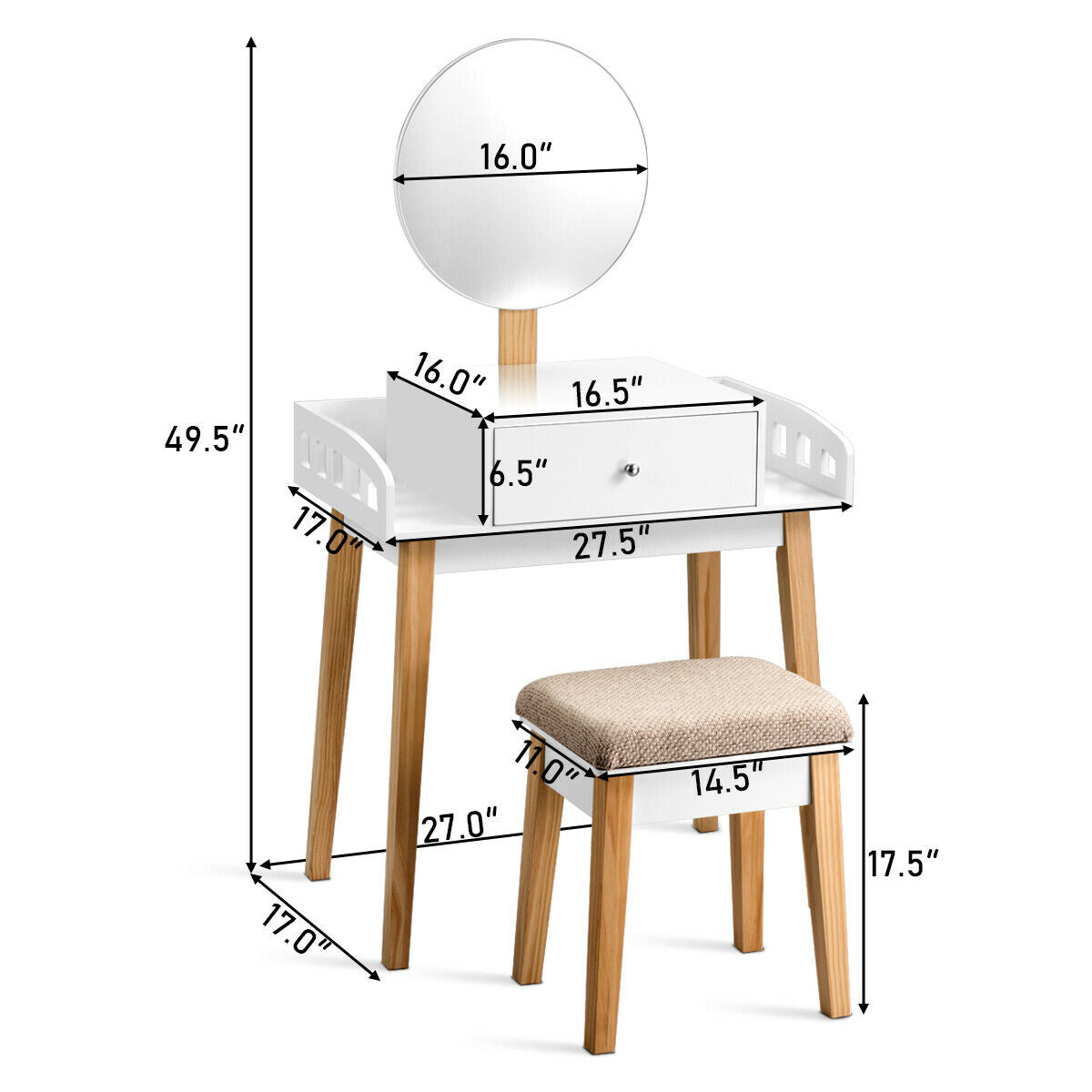 Makeup Vanity Table Set with Round Mirror and Cushioned Stool