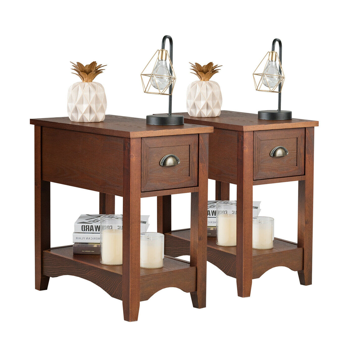 2 Pieces Retro Narrow Tiered End Table with Drawer and Storing Shelf