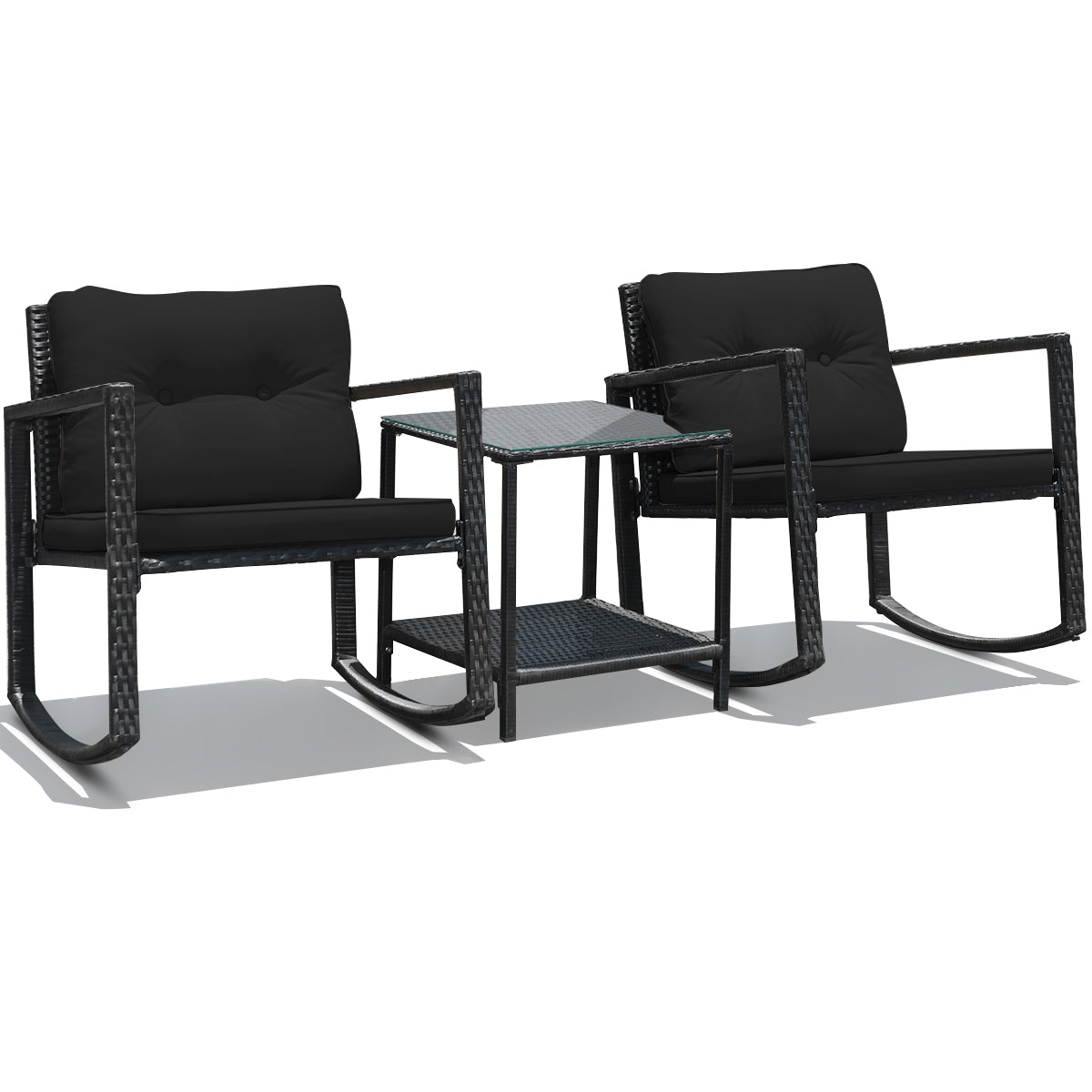 3-Piece Patio Rocking Chair Set with Cushions & Glass Table