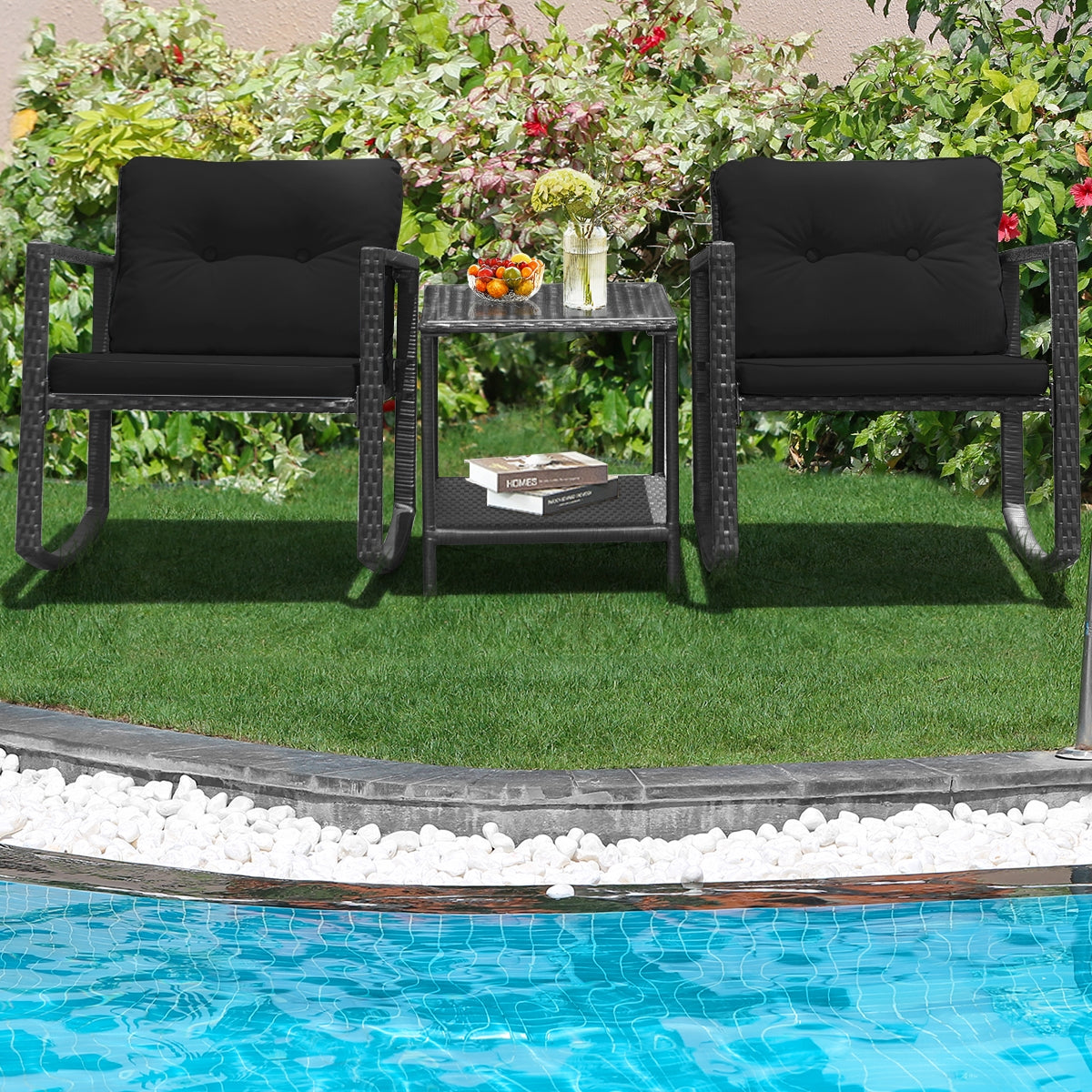 3-Piece Patio Rocking Chair Set with Cushions & Glass Table