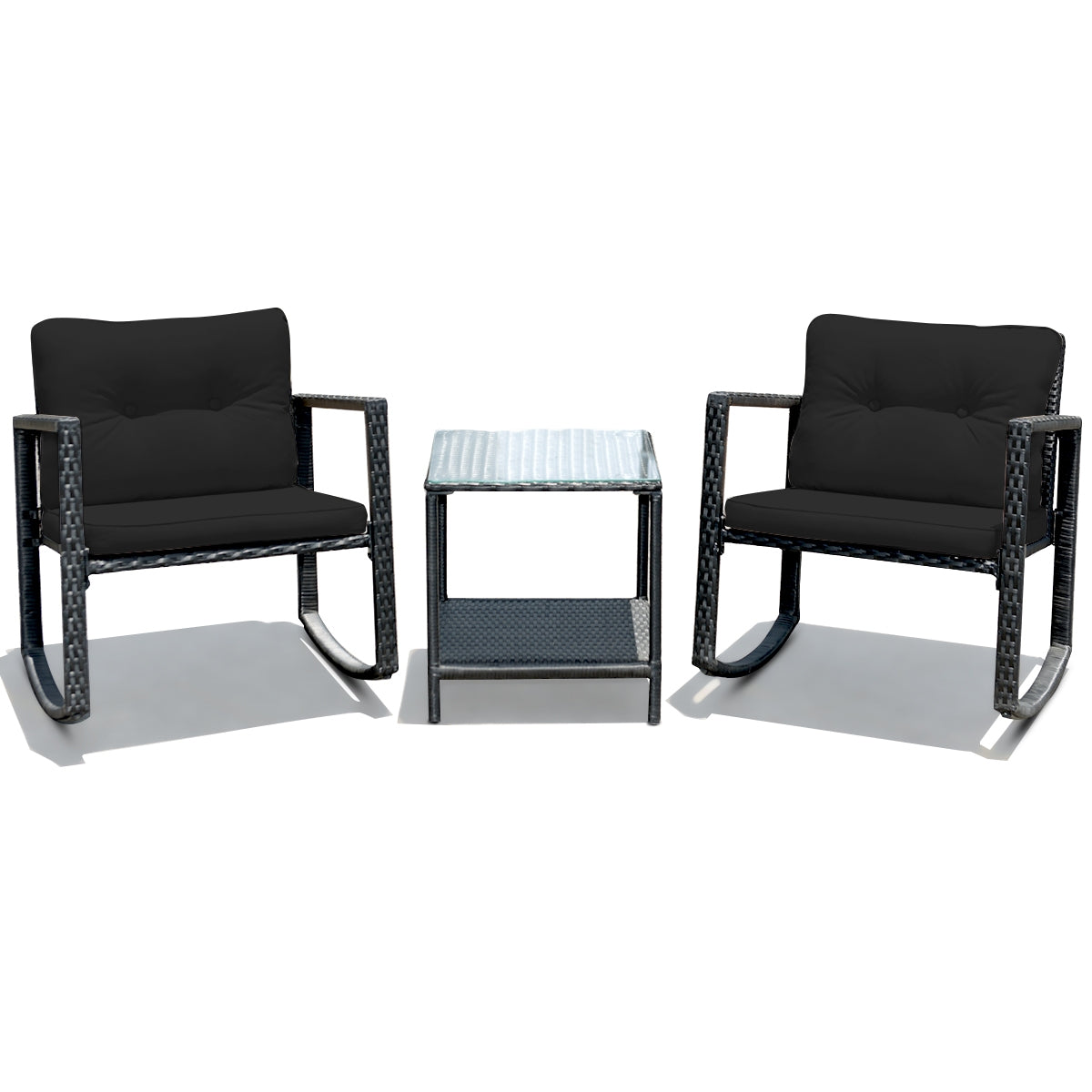 3-Piece Patio Rocking Chair Set with Cushions & Glass Table