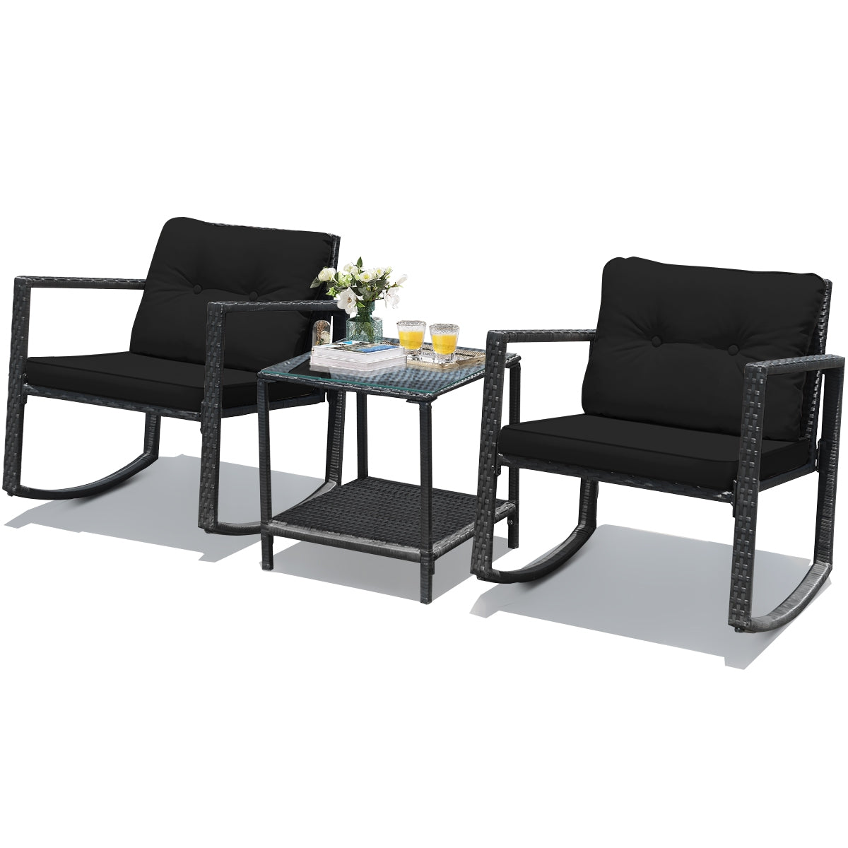 3-Piece Patio Rocking Chair Set with Cushions & Glass Table