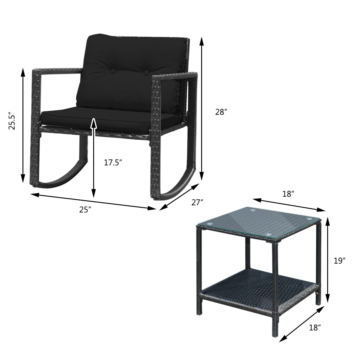 3-Piece Patio Rocking Chair Set with Cushions & Glass Table