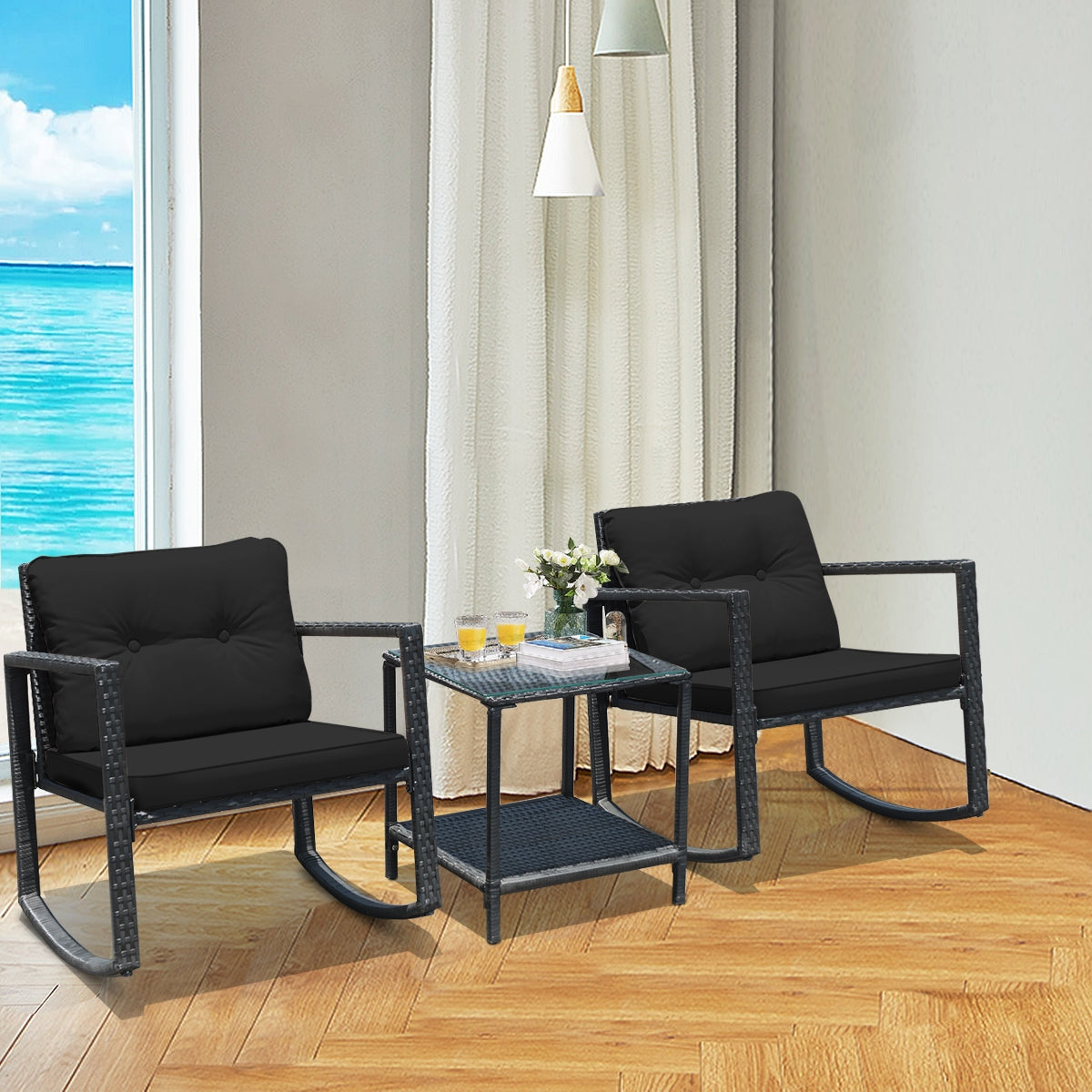 3-Piece Patio Rocking Chair Set with Cushions & Glass Table