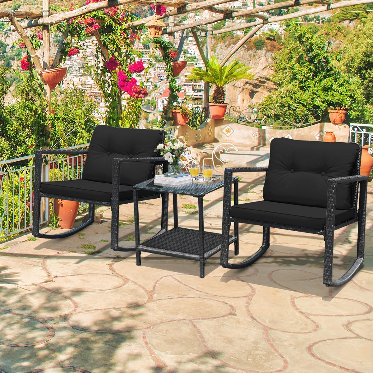 3-Piece Patio Rocking Chair Set with Cushions & Glass Table