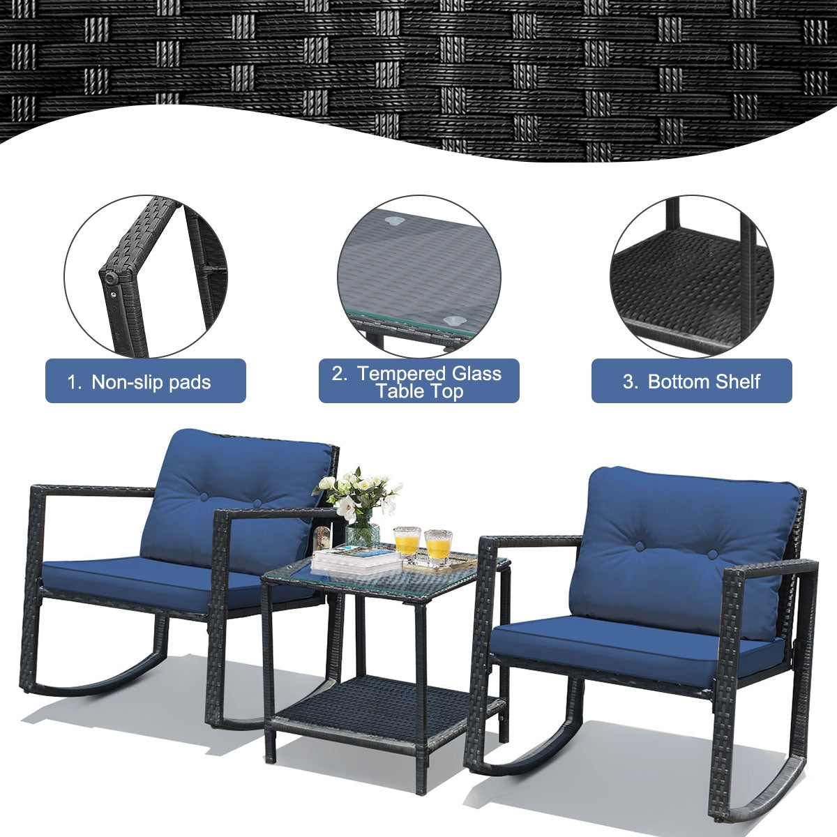 3-Piece Patio Rocking Chair Set with Cushions & Glass Table