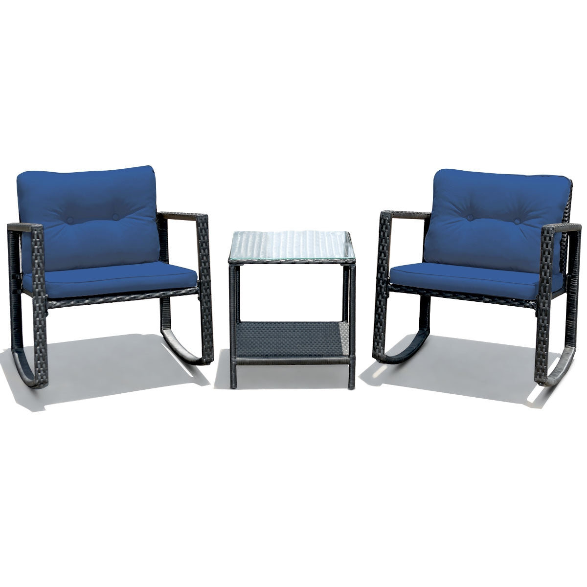 3-Piece Patio Rocking Chair Set with Cushions & Glass Table