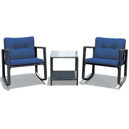 3-Piece Patio Rocking Chair Set with Cushions & Glass Table