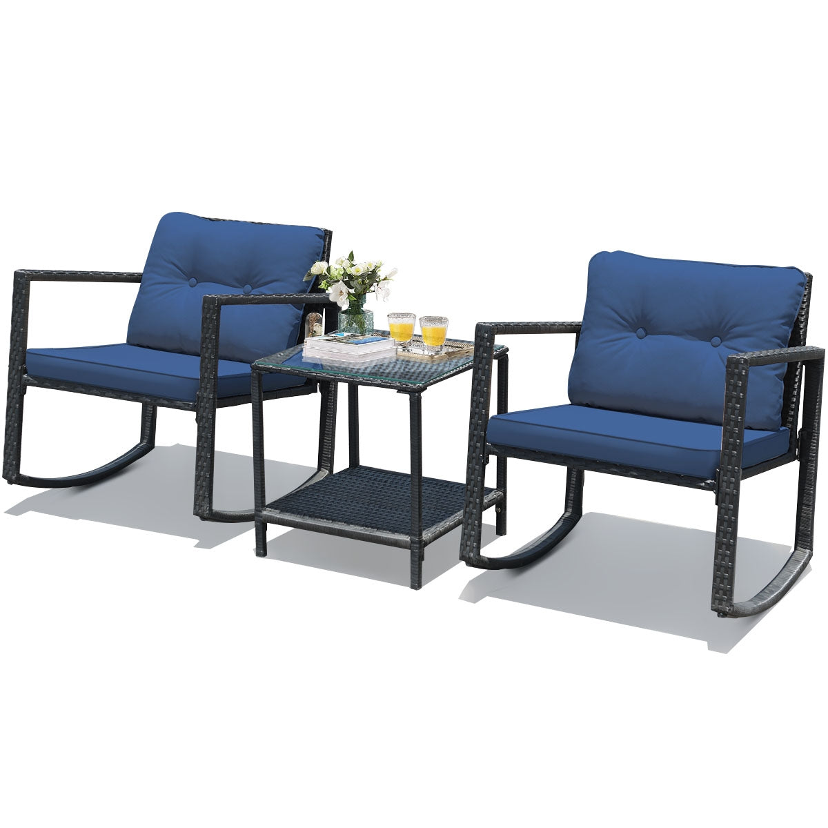 3-Piece Patio Rocking Chair Set with Cushions & Glass Table