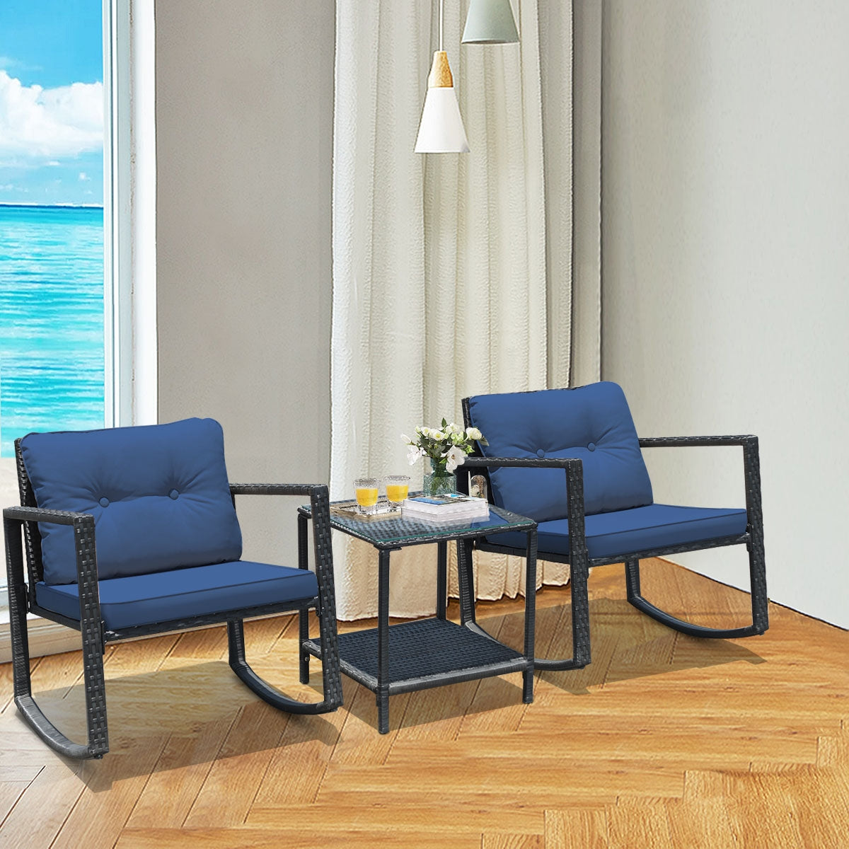 3-Piece Patio Rocking Chair Set with Cushions & Glass Table