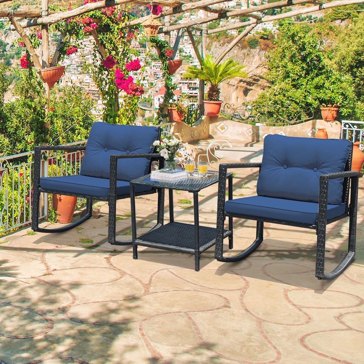 3-Piece Patio Rocking Chair Set with Cushions & Glass Table