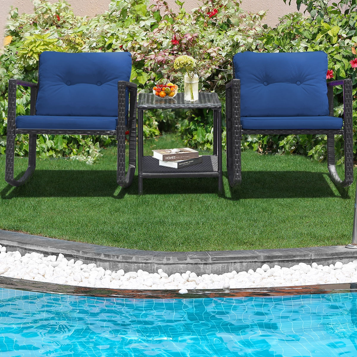 3-Piece Patio Rocking Chair Set with Cushions & Glass Table