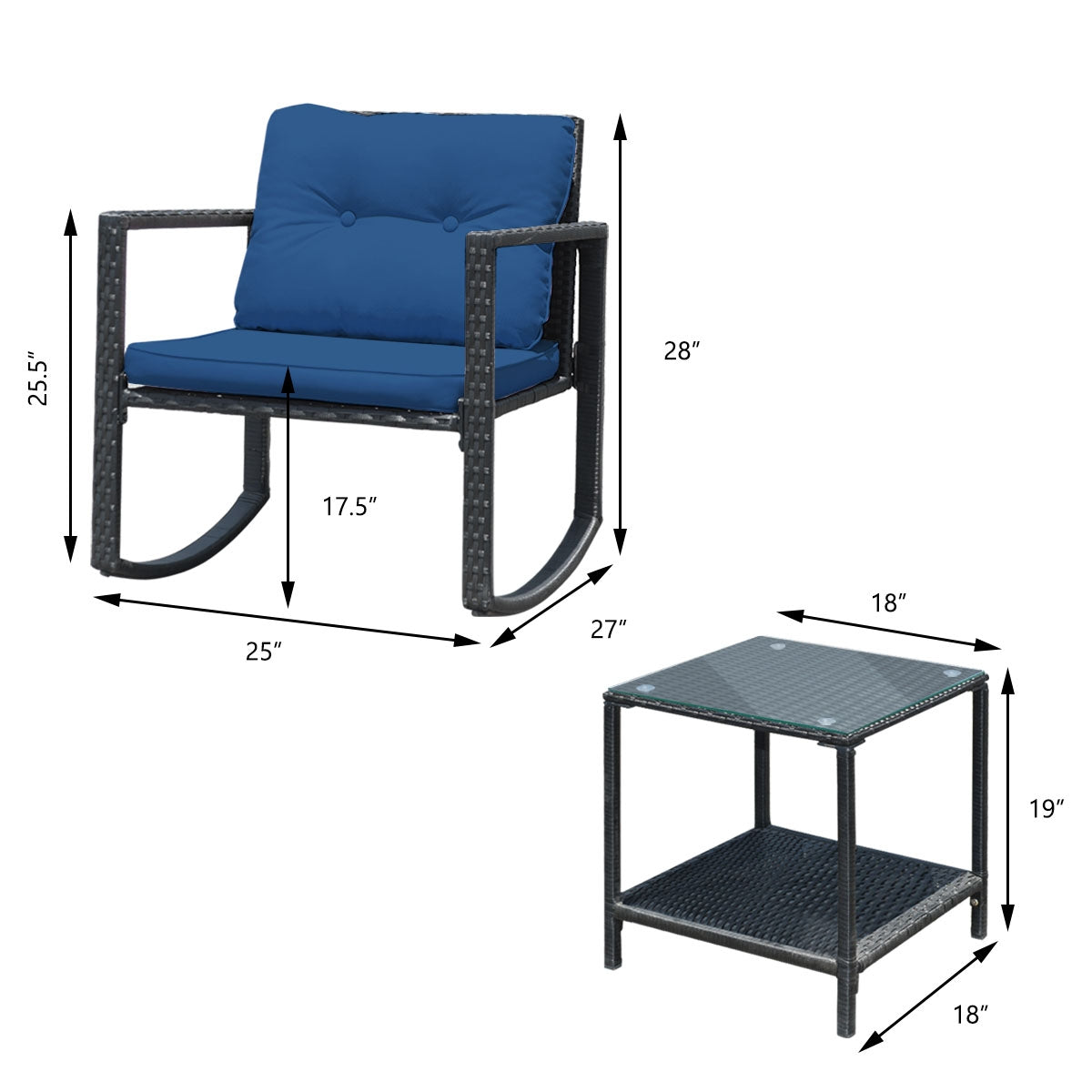 3-Piece Patio Rocking Chair Set with Cushions & Glass Table