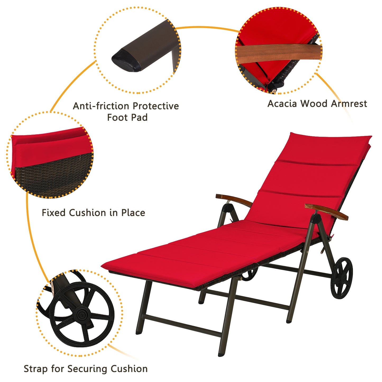Adjustable Rattan Chaise Lounge Chair with Cushion