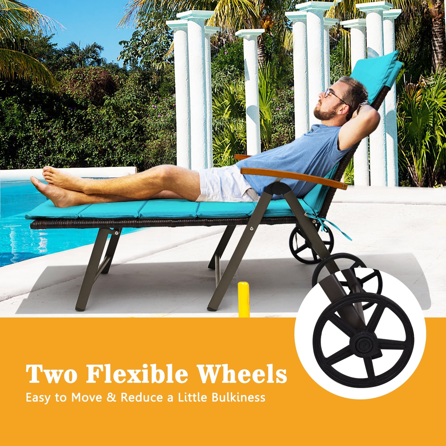 Adjustable Rattan Chaise Lounge Chair with Cushion