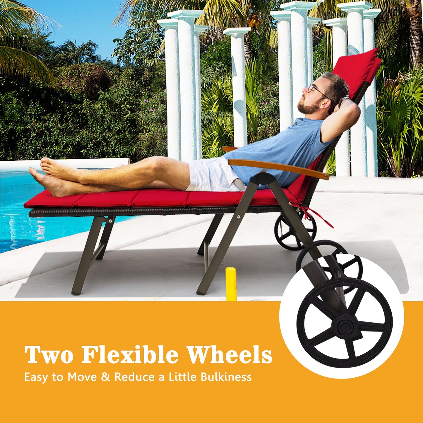 Adjustable Rattan Chaise Lounge Chair with Cushion