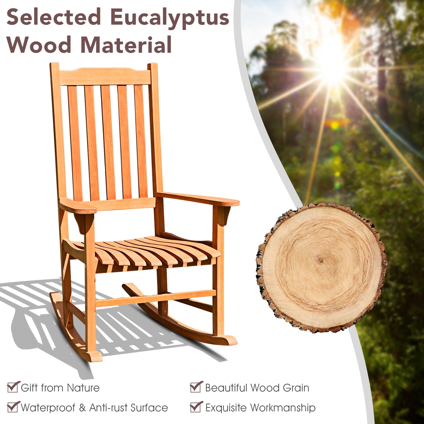 Outdoor Rocking Chair - Natural Eucalyptus Wood for Patio