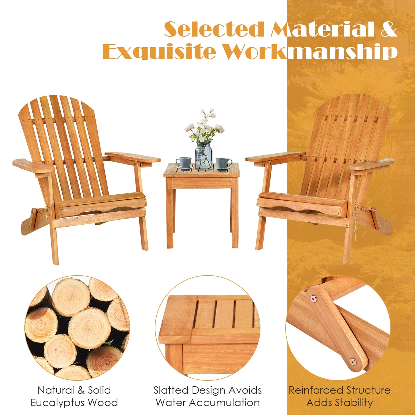 3-Piece Adirondack Chair Set with Side Table - Eucalyptus Wood