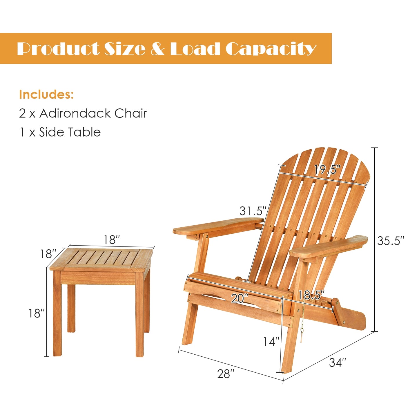 3-Piece Adirondack Chair Set with Side Table - Eucalyptus Wood