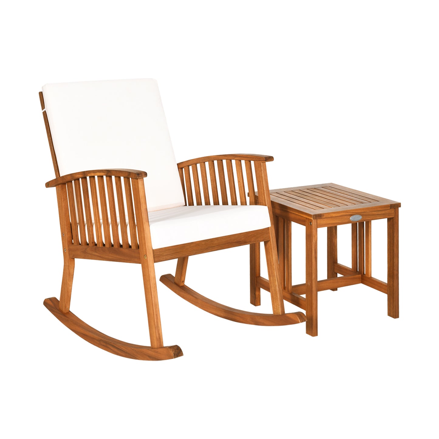 Acacia Wood Patio Rocking Chair Set with Table & Cushions