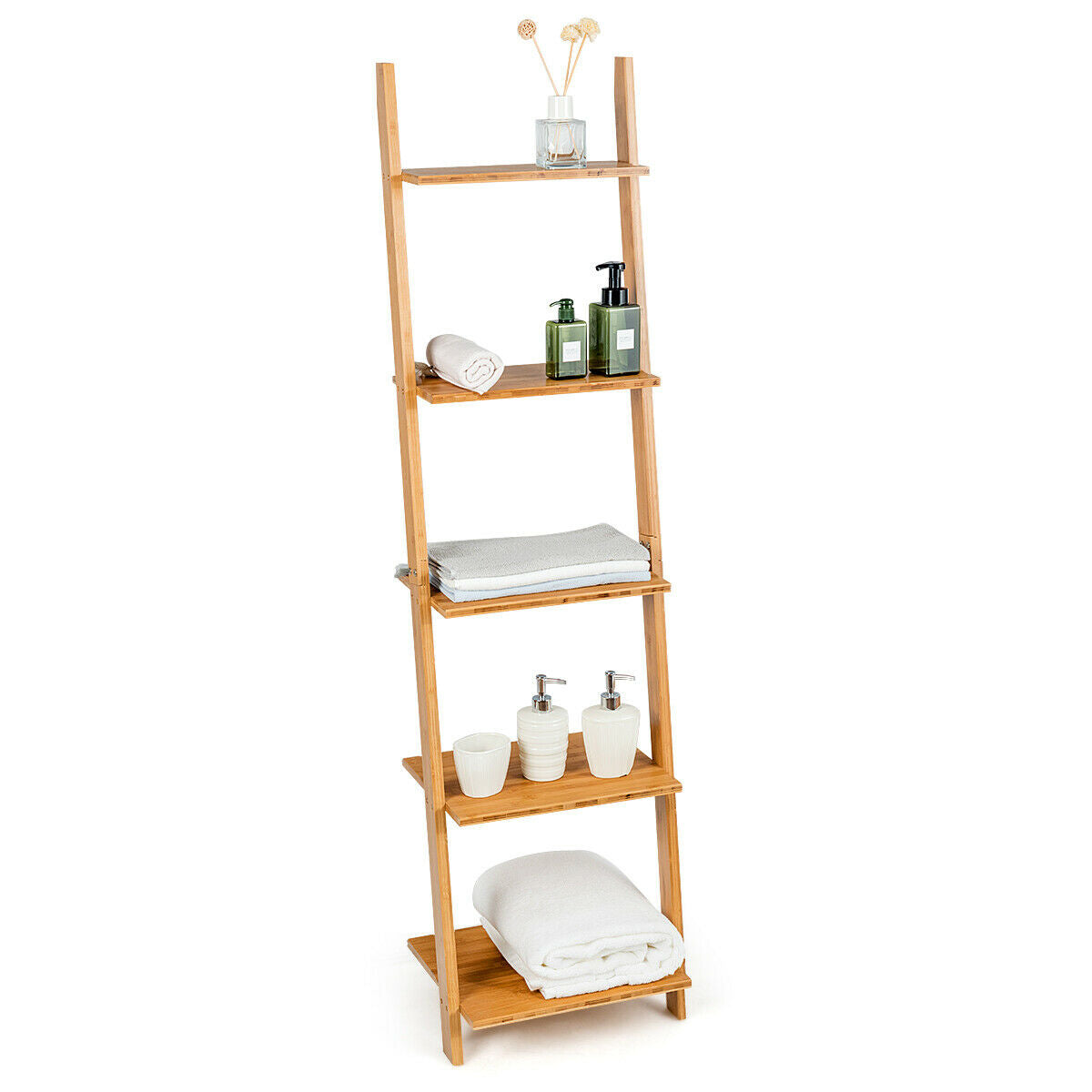 5-Tier Modern Bamboo Wall-Leaning Display Ladder Bookshelf