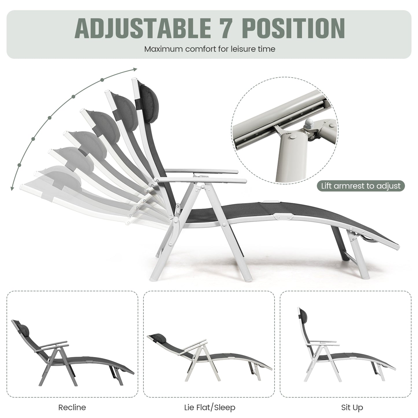 Adjustable Folding Chaise Lounge Chair with Pillow