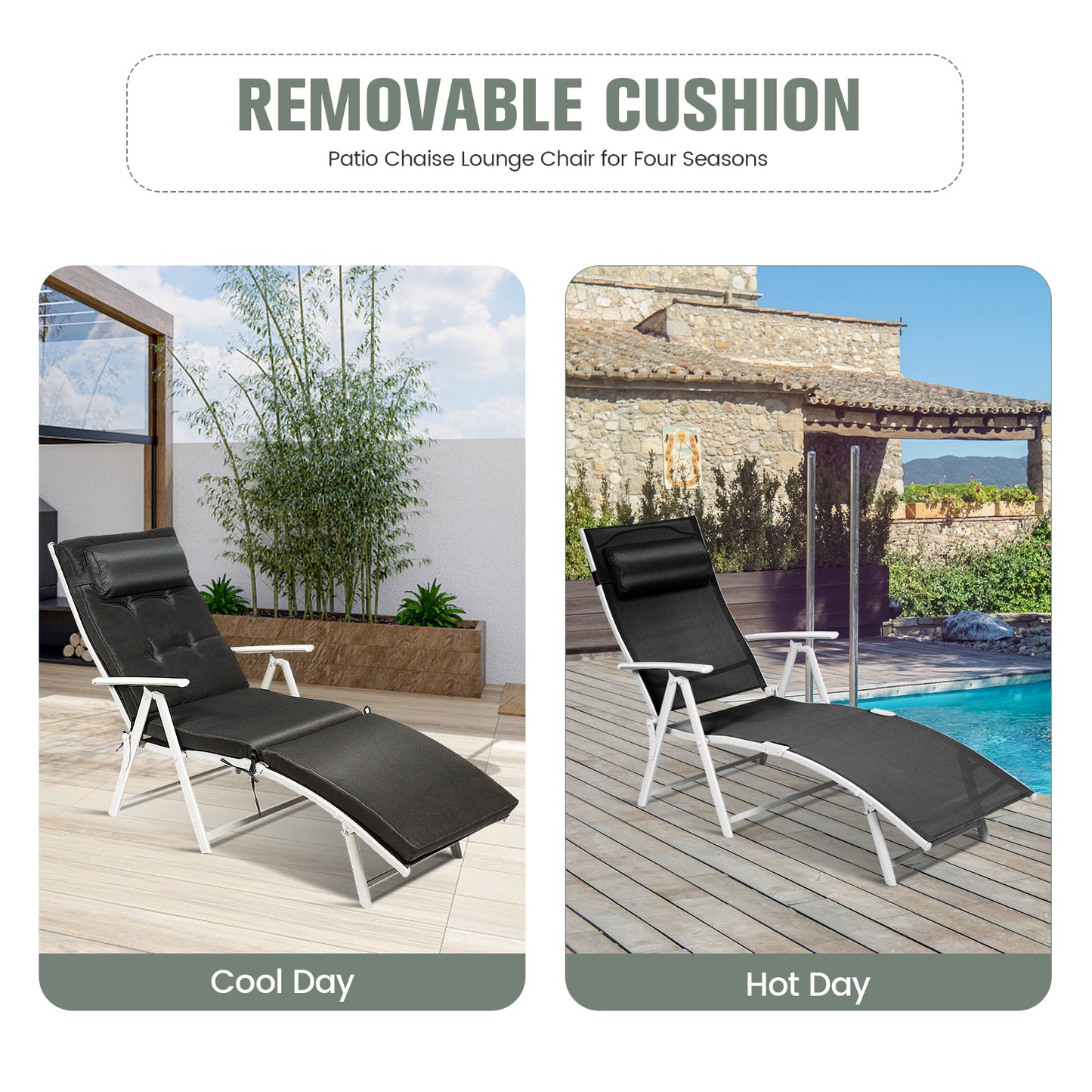 Adjustable Folding Chaise Lounge Chair with Pillow