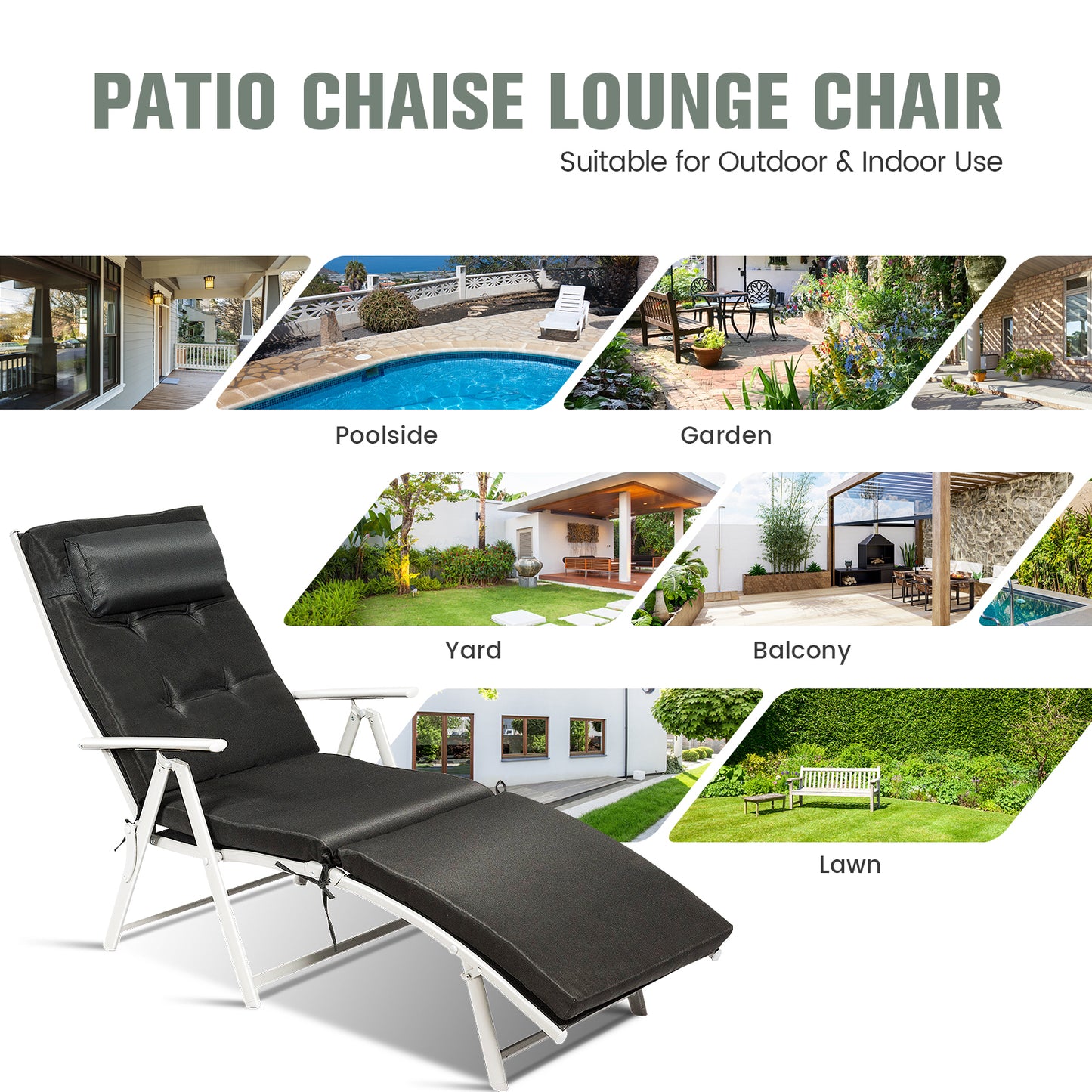 Adjustable Folding Chaise Lounge Chair with Pillow