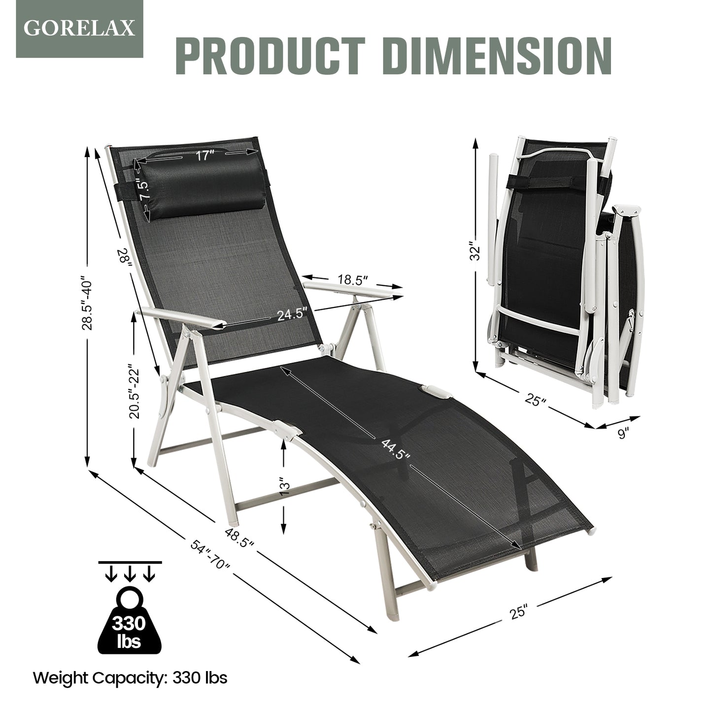 Adjustable Folding Chaise Lounge Chair with Pillow