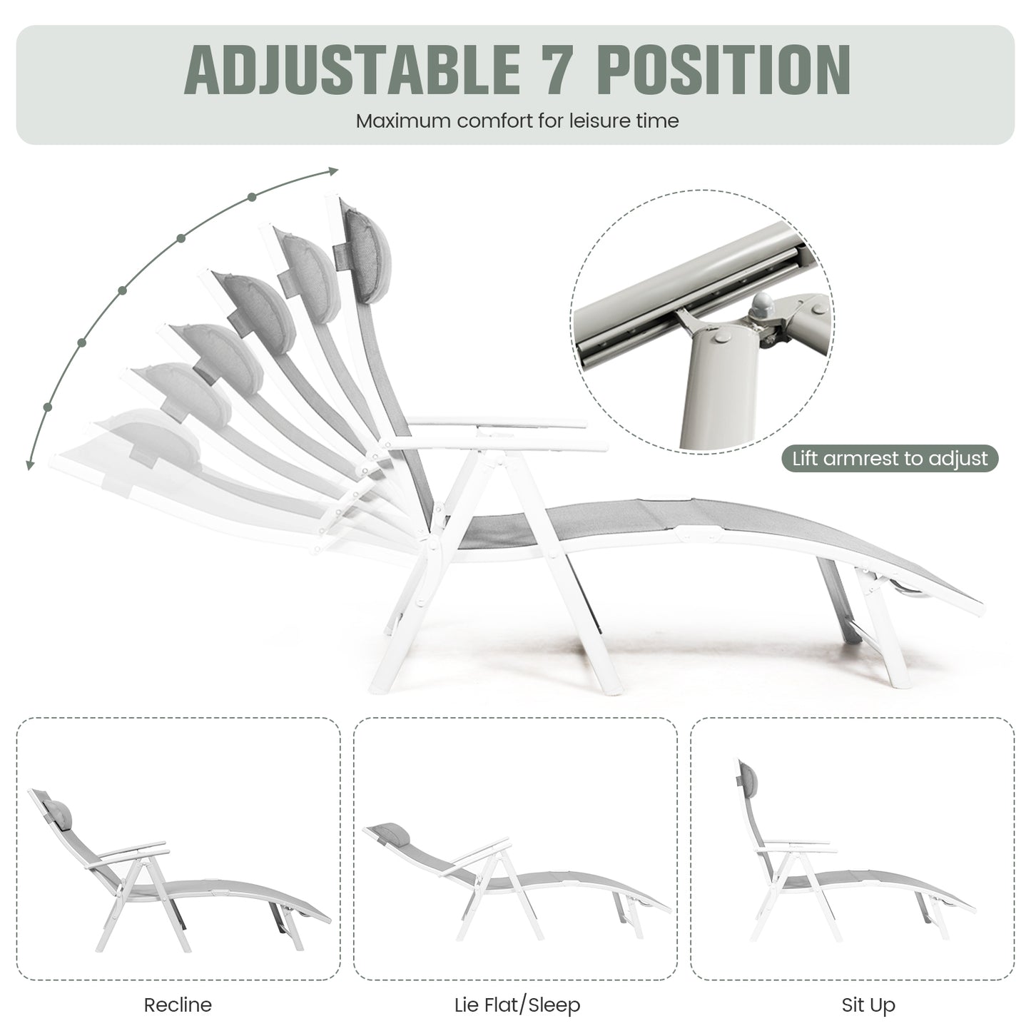 Adjustable Folding Chaise Lounge Chair with Pillow