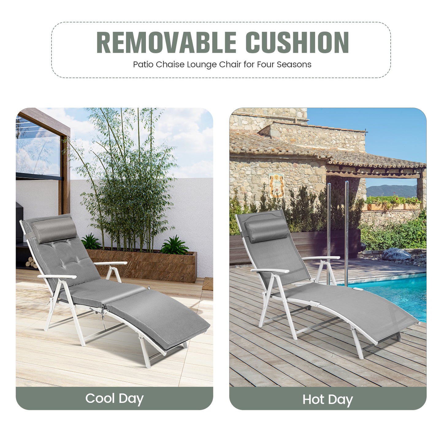 Adjustable Folding Chaise Lounge Chair with Pillow