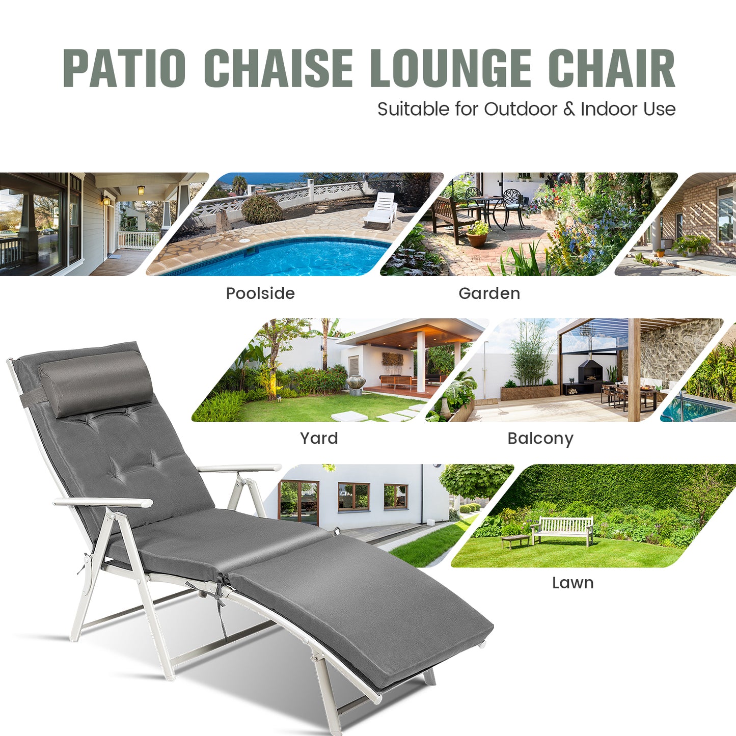 Adjustable Folding Chaise Lounge Chair with Pillow