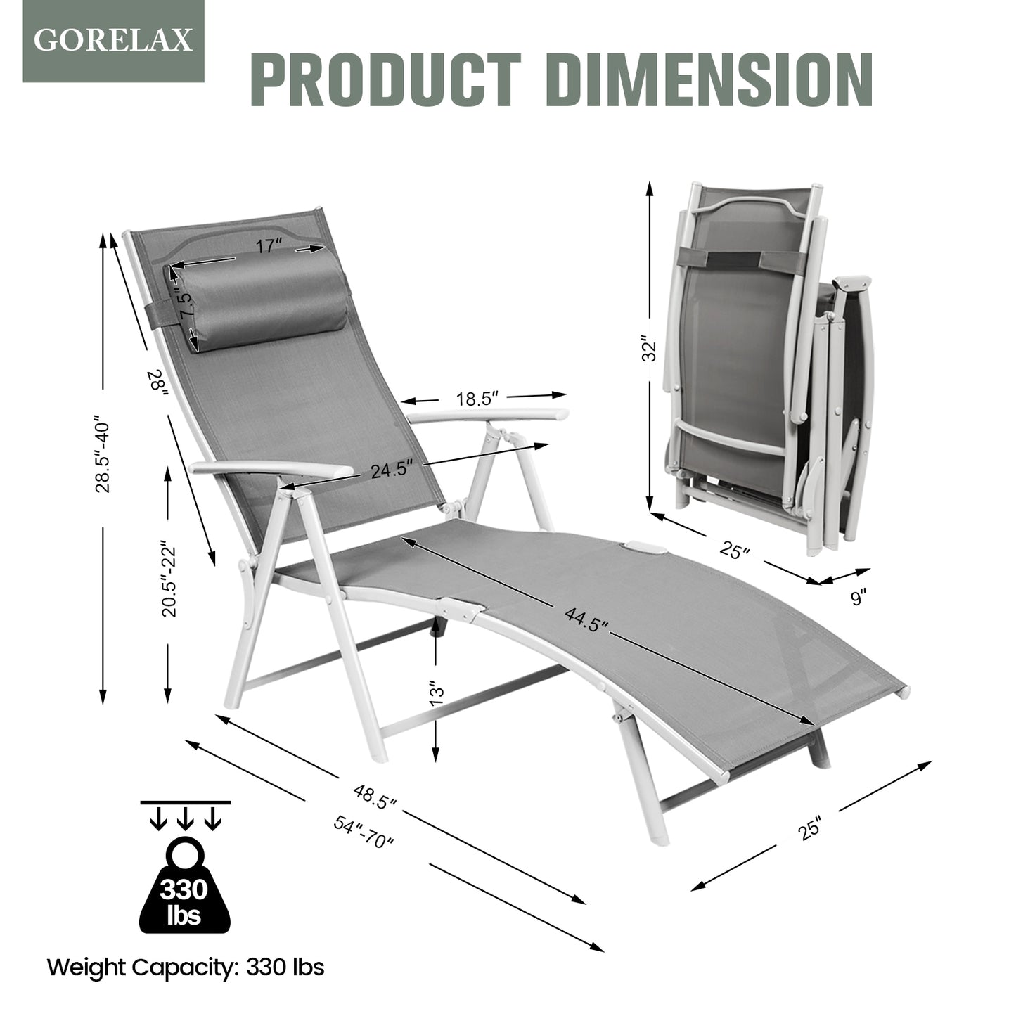 Adjustable Folding Chaise Lounge Chair with Pillow